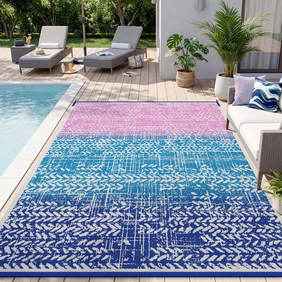 VUNATE Outdoor Rug 5'x8' Patio Rug Waterproof Woven Plastic Outdoor Mat for Picnic RV Porch Camping Reversible Outside Rug Blue and Pink