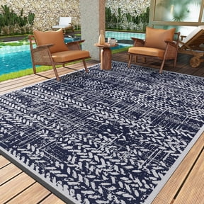 VUNATE Outdoor Rug 5'x8' Patio Rug Waterproof Woven Plastic Outdoor Mat for Picnic RV Porch Camping Reversible Outside Rug Dark Blue and White