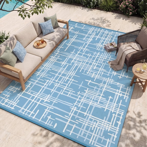 VUNATE Outdoor Rug 5'x8' Waterproof Modern Texture Woven Plastic Patio Rug for Beach RV Camping Garden Picnic Deck Backyard Porch Decor Blue and White