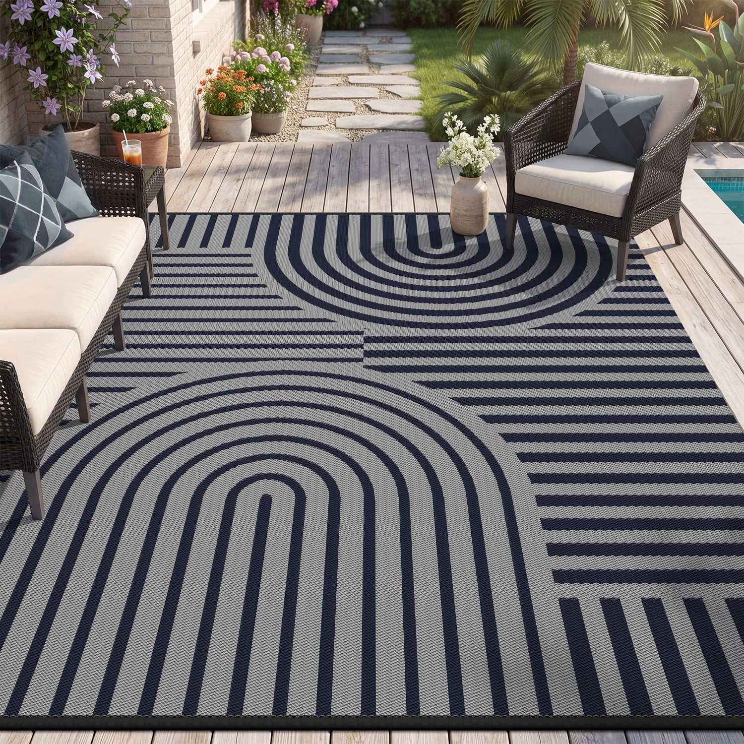 VUNATE Outdoor Rug Carpet 5'x8' Waterproof Reversible Patio Rug Portable Boho Indoor Outdoor Rug Plastic Straw Rug for Beach RV Camping Garden Picnic Deck Backyard Modern Porch Decor Blue and Gray