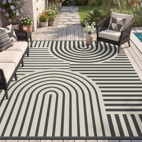 VUNATE Outdoor Rug Carpet 5'x8' Waterproof Reversible Patio Rug Portable Boho Indoor Outdoor Rug Plastic Straw Rug for Beach RV Camping Garden Picnic Deck Backyard Modern Porch Decor Gray and Beige