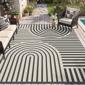 VUNATE Outdoor Rug Carpet 5'x8' Waterproof Reversible Patio Rug Portable Boho Indoor Outdoor Rug Plastic Straw Rug for Beach RV Camping Garden Picnic Deck Backyard Modern Porch Decor Gray and Beige