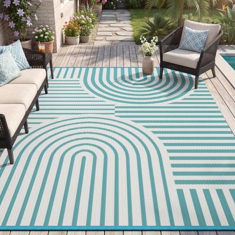 VUNATE Outdoor Rug Carpet 5'x8' Waterproof Reversible Patio Rug Portable Boho Indoor Outdoor Rug Plastic Straw Rug for Beach RV Camping Garden Picnic Deck Backyard Modern Porch Decor Teal and White
