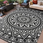 VUNATE Outdoor Rug 5'x8' Patio Rug Waterproof Woven Plastic Indoor Outdoor Mat for Picnic RV Porch Camping Reversible Lightweight Boho Outside Rug Black White