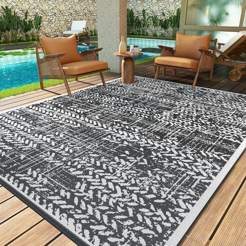 VUNATE Outdoor Rug 6'x9' Waterproof Reversible Carpet Patio Rug Plastic Indoor Outdoor Rug Portable Modern Large Straw Mat for Picnic RV Camping Porch Garden Picnic Deck Balcony Black and White
