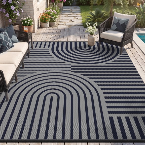VUNATE Outdoor Rug Carpet 6'x9' Waterproof Reversible Patio Rug Portable Boho Indoor Outdoor Rug Plastic Straw Rug for Beach RV Camping Garden Picnic Deck Backyard Modern Porch Decor Blue and Gray