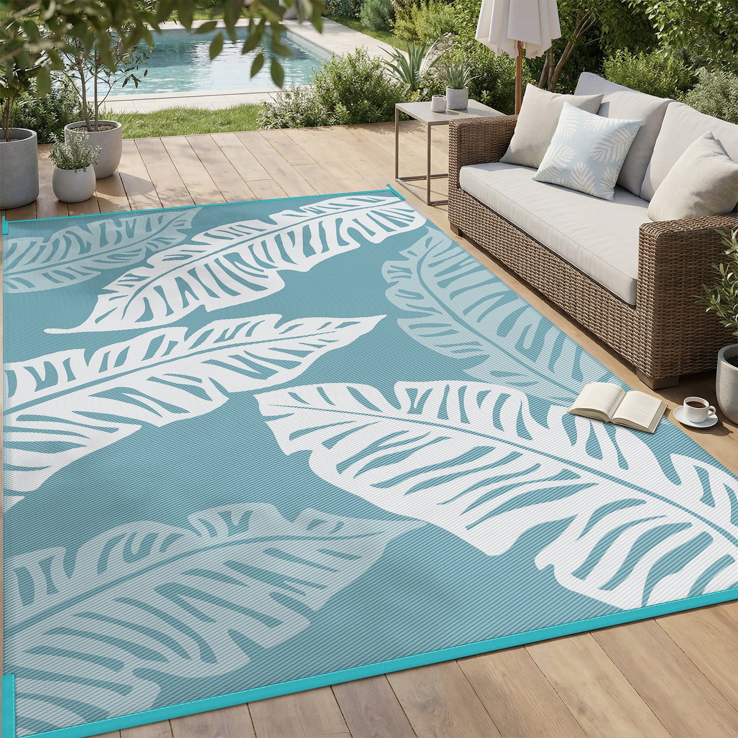 VUNATE Outdoor Rug Carpet 6'x9' Waterproof Reversible Patio Rug Portable Indoor Outdoor Rug Plastic Straw Rug for Beach RV Camping Garden Picnic Deck Backyard Tropical Porch Decor Blue and White