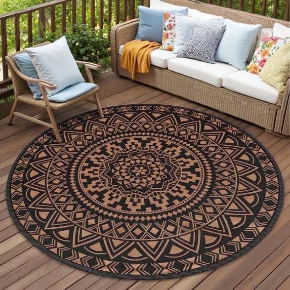 VUNATE Outdoor Rug 6'x6' Round Patio Rug Waterproof Woven Plastic Indoor Outdoor Mat for Picnic RV Porch Camping Reversible Lightweight Boho Outside Rug Black Brown