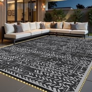 VUNATE 6'x9' Outdoor Rug, Waterproof Reversible Patio Rug with LED Light Strips, Woven Plastic Mat for RV Camping Porch, Black White
