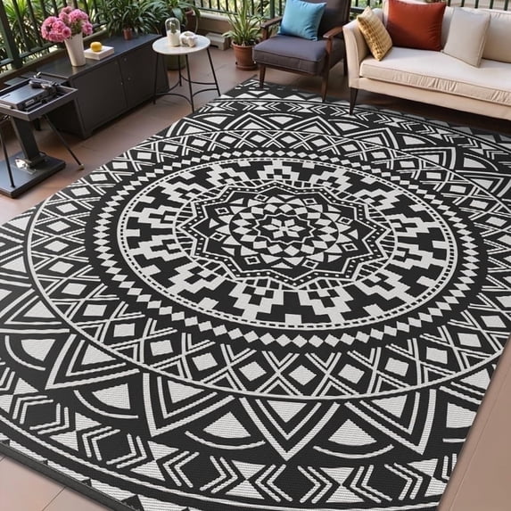 VUNATE Outdoor Rug 6'x9' Patio Rug Waterproof Woven Plastic Indoor Outdoor Mat for Picnic RV Porch Camping Reversible Lightweight Boho Outside Rug Black White
