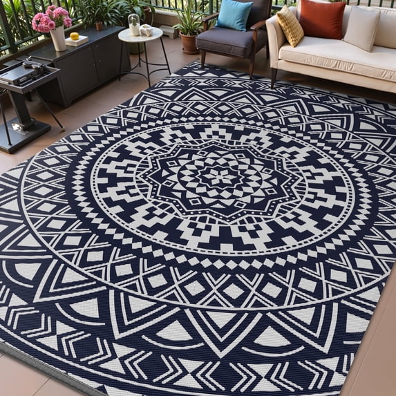 VUNATE Outdoor Rug 8'x10' Patio Rug Waterproof Woven Plastic Indoor Outdoor Mat for Picnic RV Porch Camping Reversible Lightweight Boho Outside Rug Blue and Gray