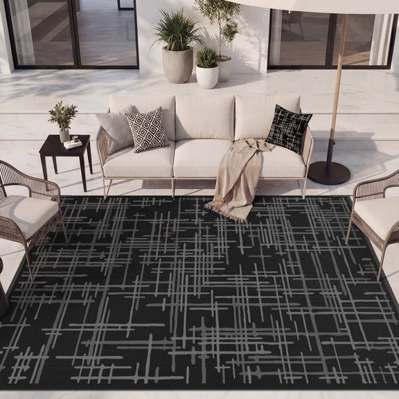 VUNATE Outdoor Rug 8'x10' Waterproof Modern Texture Woven Plastic Patio Rug for Beach RV Camping Garden Picnic Deck Backyard Porch Decor Black and Gray