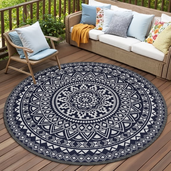 VUNATE Outdoor Rug 8'x8' Round Patio Rug Clearance Plastic Waterproof Indoor Outdoor Mat for Picnic RV Porch Camping Reversible Lightweight Boho Outside Rug Blue and Gray