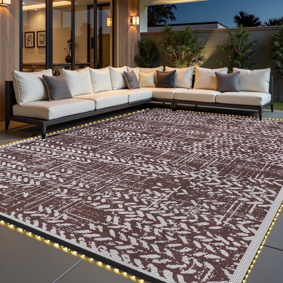 VUNATE Outdoor Rug 8'x10' with Led Light Strips Patio Rug Waterproof Woven Plastic Outdoor Mat for Picnic RV Porch Camping Reversible Outside Rug Brown Beige