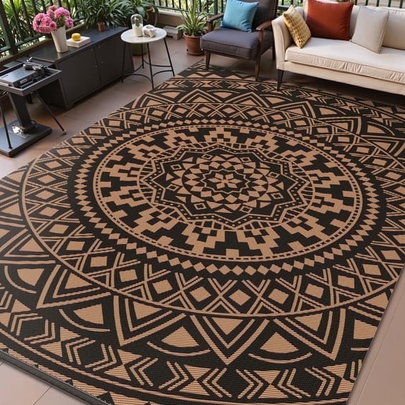 VUNATE Outdoor Rug 8'x10' Patio Rug Waterproof Woven Plastic Indoor Outdoor Mat for Picnic RV Porch Camping Reversible Lightweight Boho Outside Rug Black Brown