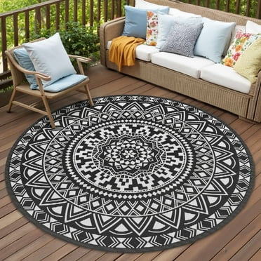 VUNATE Outdoor Rug 8x8 Round Patio Rug Clearance Plastic Waterproof Indoor Outdoor Mat for Picnic RV Porch Camping Reversible Lightweight Boho Outside Rug Black White