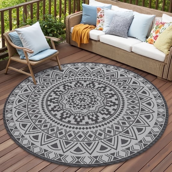 VUNATE Outdoor Rug 8'x8' Round Patio Rug Waterproof Woven Plastic Indoor Outdoor Mat for Picnic RV Porch Camping Reversible Lightweight Boho Outside Rug Gray Beige