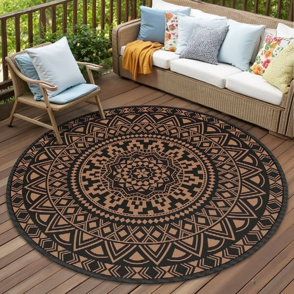VUNATE Outdoor Rug 8'x8' Round Patio Rug Waterproof Woven Plastic Indoor Outdoor Mat for Picnic RV Porch Camping Reversible Lightweight Boho Outside Rug Black Brown