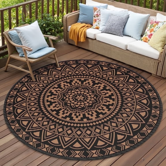 VUNATE Outdoor Rug 8'x8' Round Patio Rug Waterproof Woven Plastic Indoor Outdoor Mat for Picnic RV Porch Camping Reversible Lightweight Boho Outside Rug Black Brown