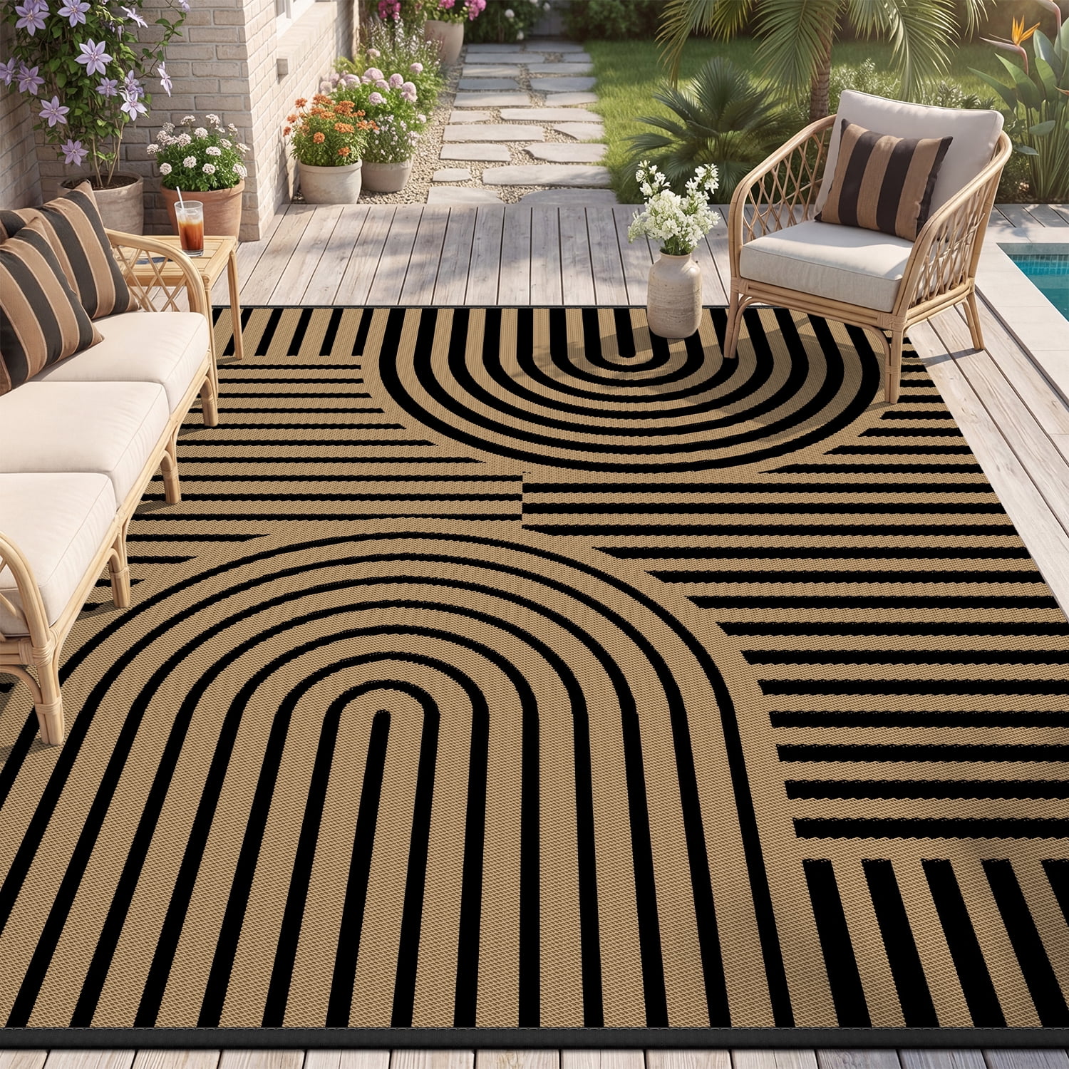 VUNATE Outdoor Rug Carpet 9'x12' Waterproof Reversible Patio Rug Portable Boho Indoor Outdoor Rug Plastic Straw Rug for Beach RV Camping Garden Picnic Deck Backyard Modern Porch Decor Black and Brown