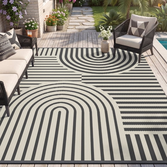 VUNATE Outdoor Rug Carpet 9'x12' Waterproof Reversible Patio Rug Portable Boho Indoor Outdoor Rug Plastic Straw Rug for Beach RV Camping Garden Picnic Deck Backyard Modern Porch Decor Gray and Beige