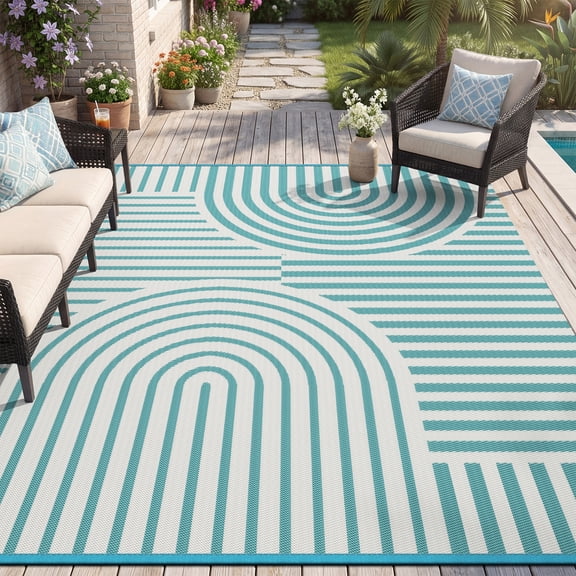 VUNATE Outdoor Rug Carpet 9'x12' Waterproof Reversible Patio Rug Portable Boho Indoor Outdoor Rug Plastic Straw Rug for Beach RV Camping Garden Picnic Deck Backyard Modern Porch Decor Teal and White