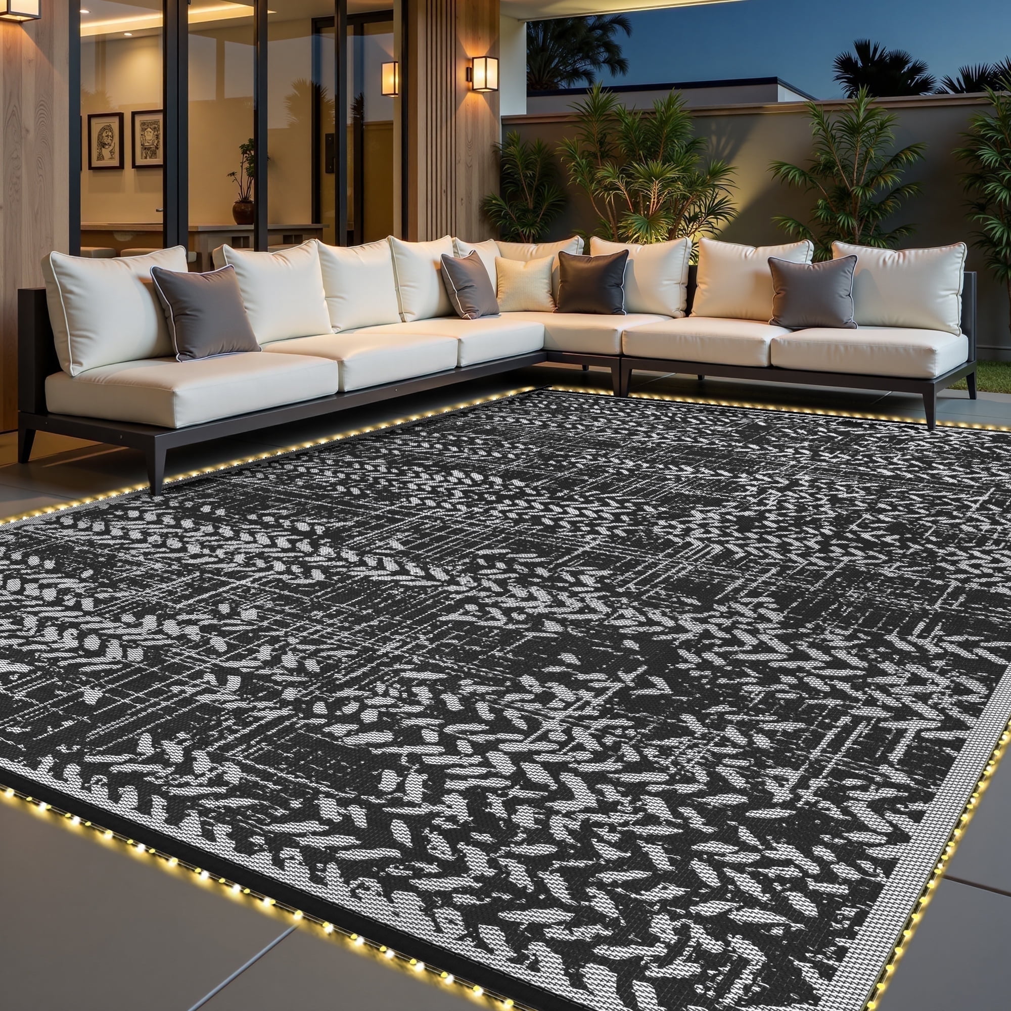 VUNATE Outdoor Rug 9'x12' with Led Light Strips Patio Rug Waterproof Woven Plastic Outdoor Mat for Picnic RV Porch Camping Reversible Outside Rug Black White