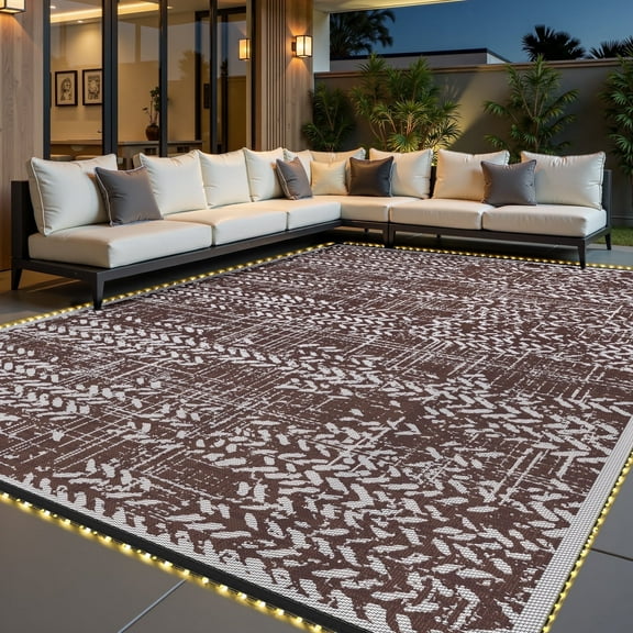 VUNATE Outdoor Rug 9x12 with Led Light Strips Patio Rug Clearance Plastic Waterproof Outdoor Mat for Picnic RV Porch Camping Reversible Outside Rug Brown Beige