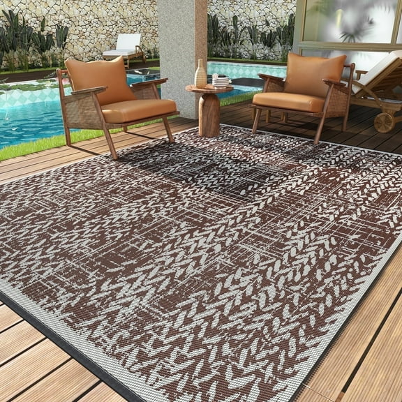 VUNATE Outdoor Rug 9'x12' Patio Rug Waterproof Woven Plastic Outdoor Mat for Picnic RV Porch Camping Reversible Outside Rug Brown Beige