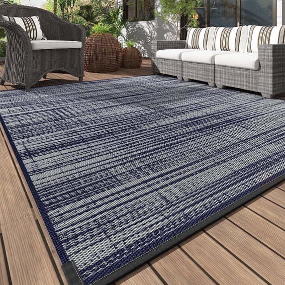 VUNATE Outdoor Rug Carpet 10'x14' Waterproof Reversible Patio Rug Portable Modern Abstract Indoor Outdoor Rug Plastic Straw Rug for RV Camping Garden Picnic Deck Backyard Porch Decor Blue and Gray