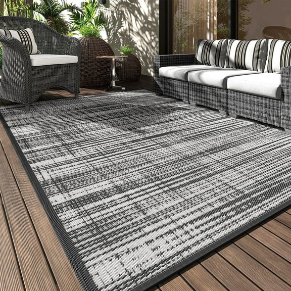 VUNATE Outdoor Rug Carpet 10'x14' Waterproof Reversible Patio Rug Portable Modern Abstract Indoor Outdoor Rug Plastic Straw Rug for RV Camping Garden Picnic Deck Backyard Porch Decor Gray and White