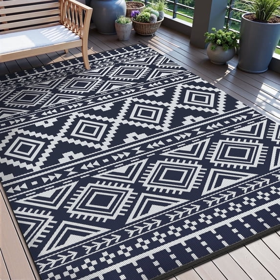 VUNATE Outdoor Rug Carpet 5'x8' Waterproof Reversible Patio Rug Portable Boho Indoor Outdoor Rug Plastic Straw Rug for Beach RV Camping Garden Picnic Deck Backyard Modern Porch Decor Blue and White