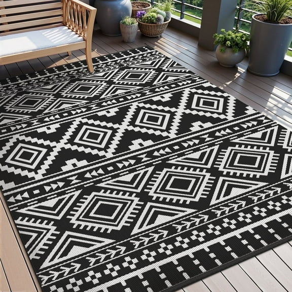 VUNATE Outdoor Rug Carpet 5'x8' Waterproof Reversible Patio Rug Portable Boho Indoor Outdoor Rug Plastic Straw Rug for Beach RV Camping Garden Picnic Deck Backyard Modern Porch Decor Black and White