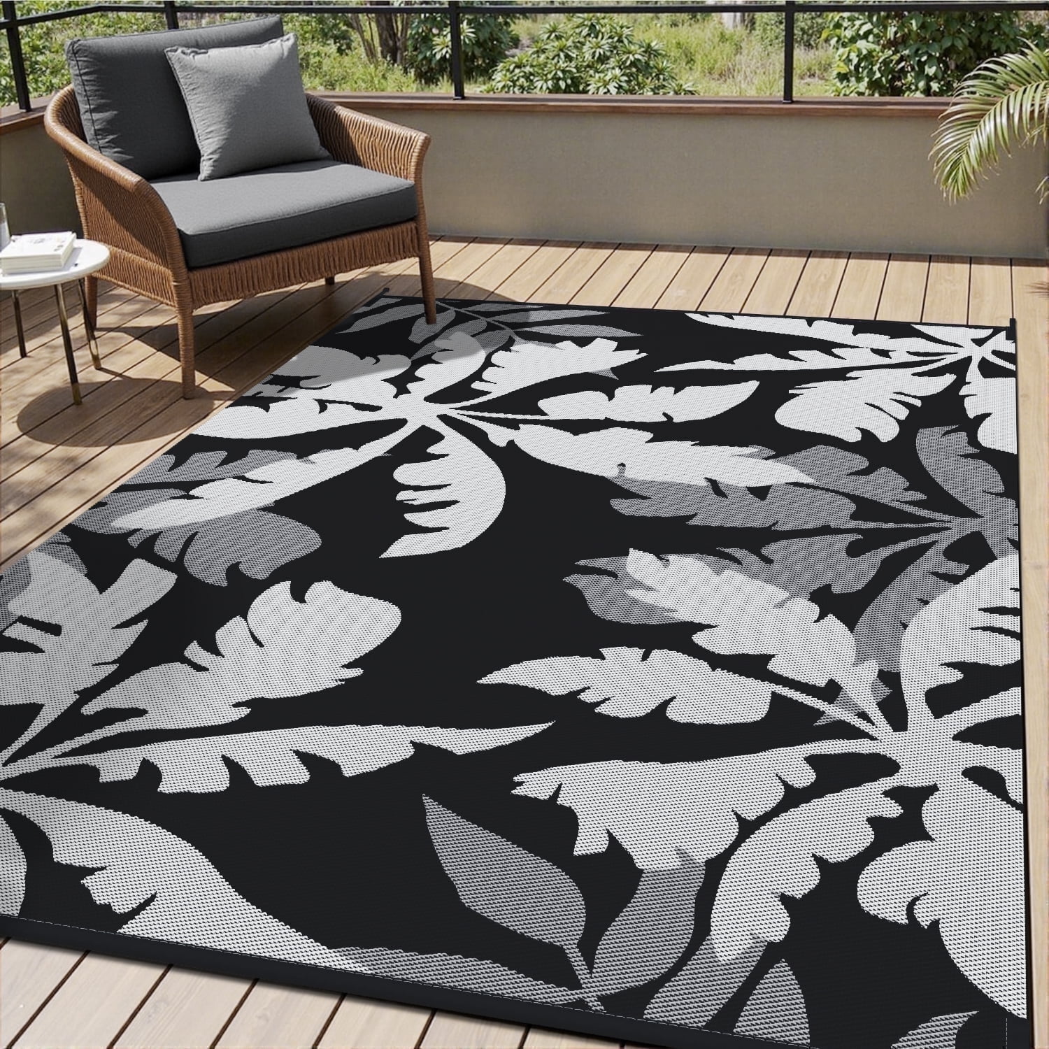 VUNATE Outdoor Rug Carpet 5'x8' Waterproof Reversible Patio Rug Portable Indoor Outdoor Rug Plastic Straw Rug for Beach RV Camping Garden Picnic Deck Backyard Tropical Porch Decor Black