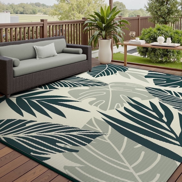 VUNATE Outdoor Rug Carpet 5'x8' Waterproof Reversible Patio Rug Portable Indoor Outdoor Rug Plastic Straw Rug for Beach RV Camping Garden Picnic Deck Backyard Tropical Porch Decor Yellow and Green