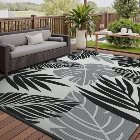 VUNATE Outdoor Rug Carpet 5'x8' Waterproof Reversible Patio Rug Portable Indoor Outdoor Rug Plastic Straw Rug for Beach RV Camping Garden Picnic Deck Backyard Tropical Porch Decor Gray and Black