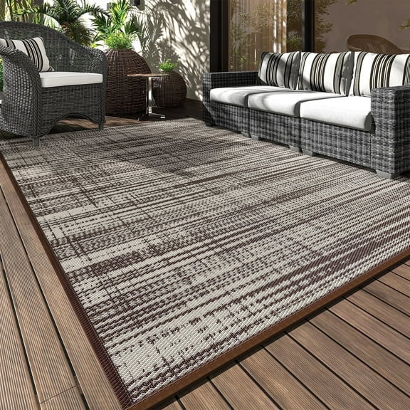 VUNATE Outdoor Rug Carpet 5'x8' Waterproof Reversible Patio Rug Portable Modern Abstract Indoor Outdoor Rug Plastic Straw Rug for RV Camping Garden Picnic Deck Backyard Porch Decor Beige and Brown