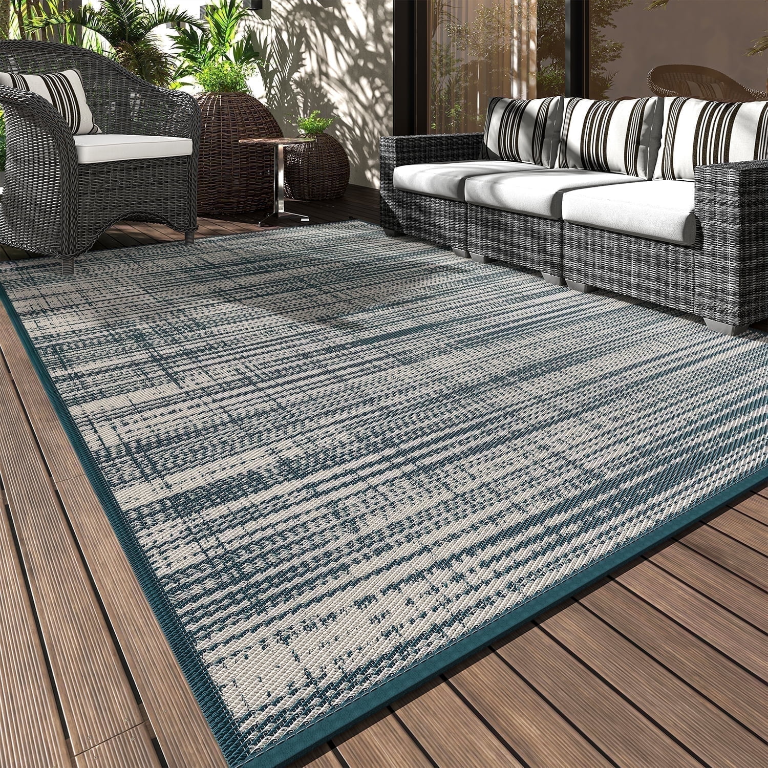 VUNATE Outdoor Rug Carpet 5'x8' Waterproof Reversible Patio Rug Portable Modern Abstract Indoor Outdoor Rug Plastic Straw Rug for RV Camping Garden Picnic Deck Backyard Porch Decor Teal and White