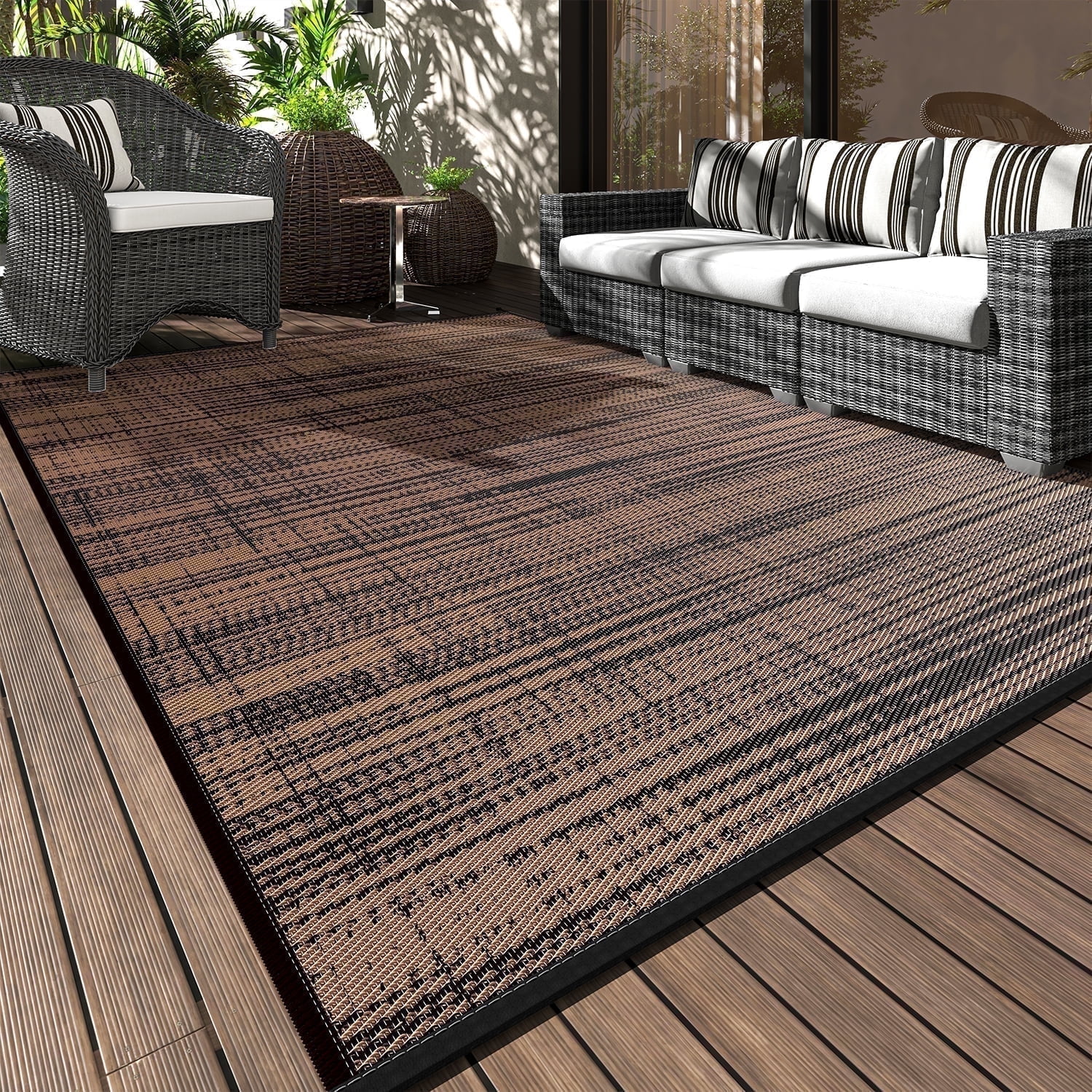 Walmart promo code:  VUNATE Outdoor Rug Carpet 5'x8' Waterproof Reversible Patio Rug Portable Modern Abstract Indoor Outdoor Rug Plastic Straw Rug for RV Camping Garden Picnic Deck Backyard Porch Decor Black and Brown