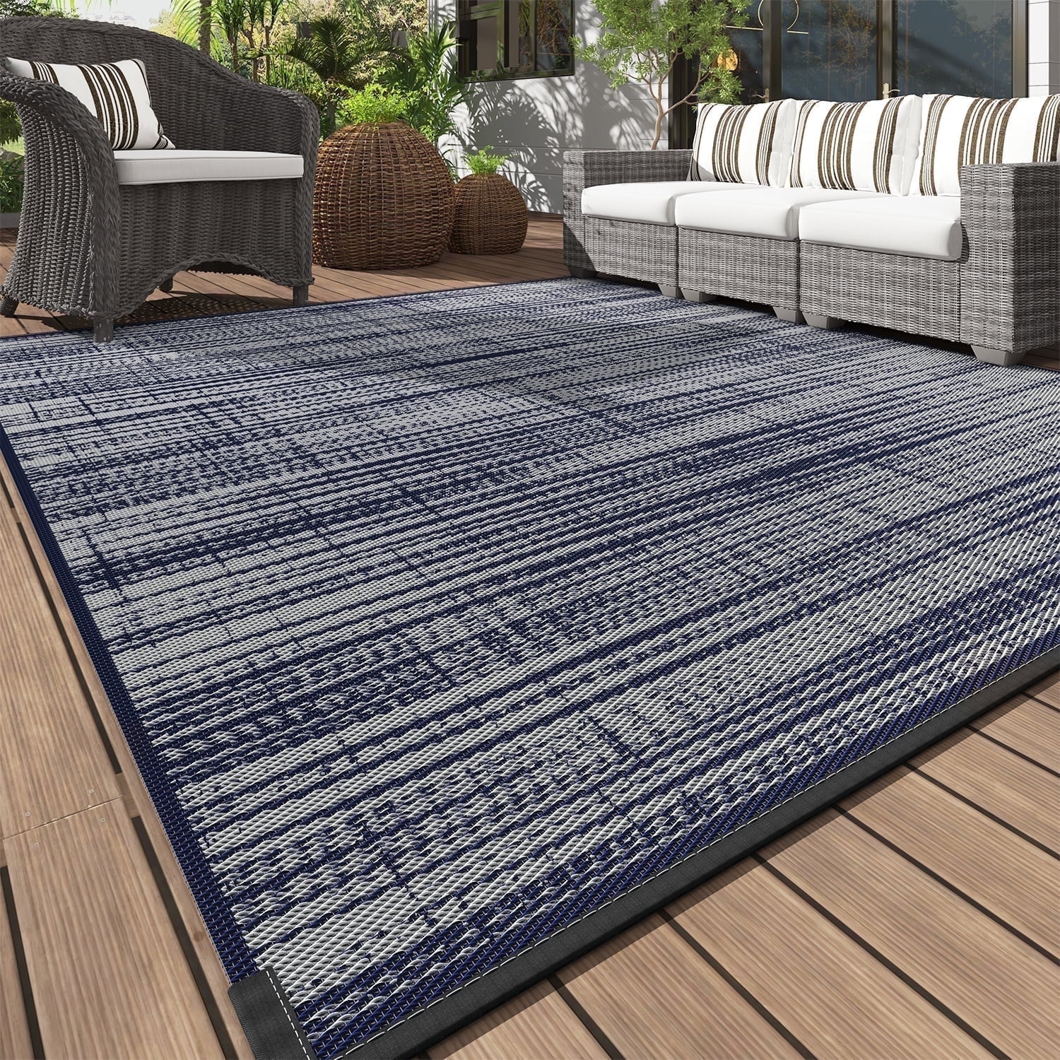 Walmart Saving of  VUNATE Outdoor Rug Carpet 5'x8' Waterproof Reversible Patio Rug Portable Modern Abstract Indoor Outdoor Rug Plastic Straw Rug for RV Camping Garden Picnic Deck Backyard Porch Decor Blue and Gray