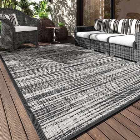 VUNATE Outdoor Rug Carpet 5'x8' Waterproof Reversible Patio Rug Portable Modern Abstract Indoor Outdoor Rug Plastic Straw Rug for RV Camping Garden Picnic Deck Backyard Porch Decor Gray and White