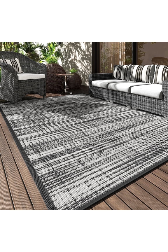 Outdoor Rug Carpet 5'x8' Waterproof Reversible Patio Rug Portable Modern Abstract Indoor Outdoor Rug Plastic Straw Rug for RV Camping Garden Picnic Deck Backyard Porch Decor Gray and White