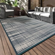 VUNATE Outdoor Rug Carpet 5'x8' Waterproof Reversible Patio Rug Portable Modern Abstract Indoor Outdoor Rug Plastic Straw Rug for RV Camping Garden Picnic Deck Backyard Porch Decor Teal and White