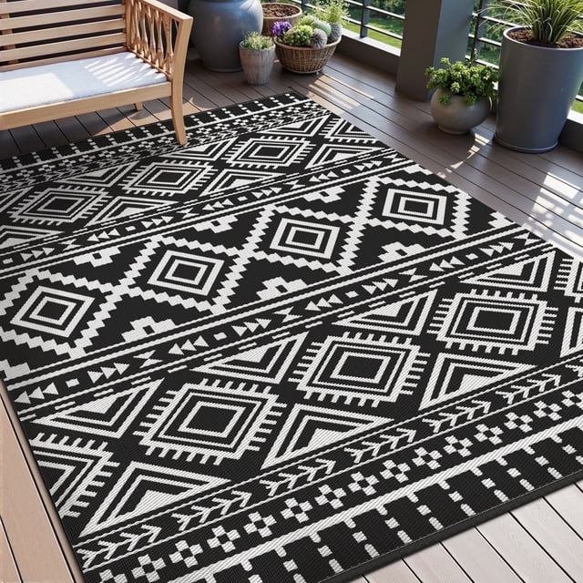 VUNATE Outdoor Rug Carpet 6'x9' Waterproof Reversible Patio Rug Portable Boho Indoor Outdoor Rug Plastic Straw Rug for Beach RV Camping Garden Picnic Deck Backyard Modern Porch Decor Black and White