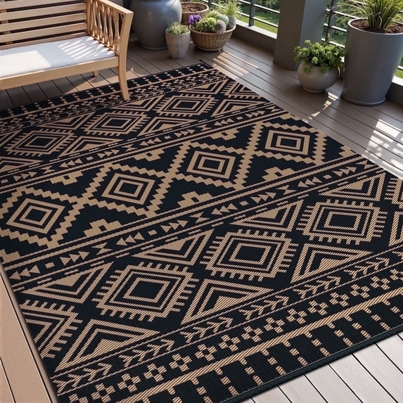 VUNATE Outdoor Rug Carpet 6'x9' Waterproof Reversible Patio Rug Portable Boho Indoor Outdoor Rug Plastic Straw Rug for Beach RV Camping Garden Picnic Deck Backyard Modern Porch Decor Black and Brown