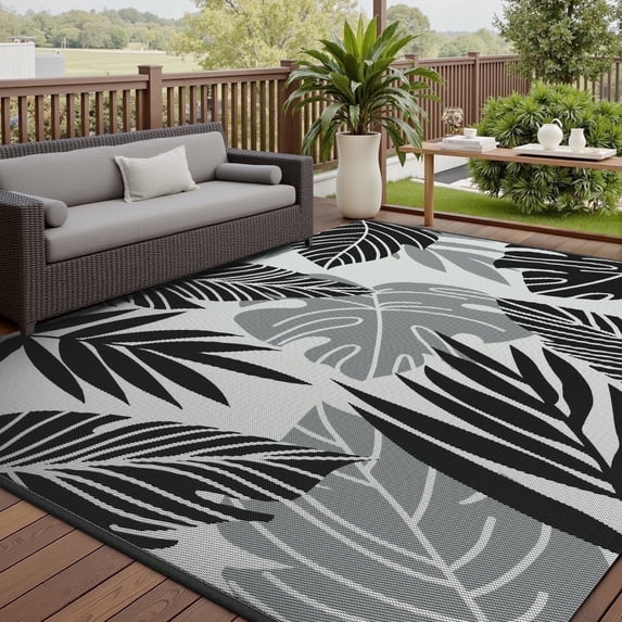VUNATE Outdoor Rug Carpet 6'x9' Waterproof Reversible Patio Rug Portable Indoor Outdoor Rug Plastic Straw Rug for Beach RV Camping Garden Picnic Deck Backyard Tropical Porch Decor Gray and Black
