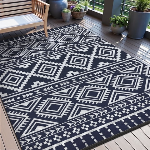 VUNATE Outdoor Rug Carpet 8'x10' Waterproof Reversible Patio Rug Portable Boho Indoor Outdoor Rug Plastic Straw Rug for Beach RV Camping Garden Picnic Deck Backyard Modern Porch Decor Blue and White