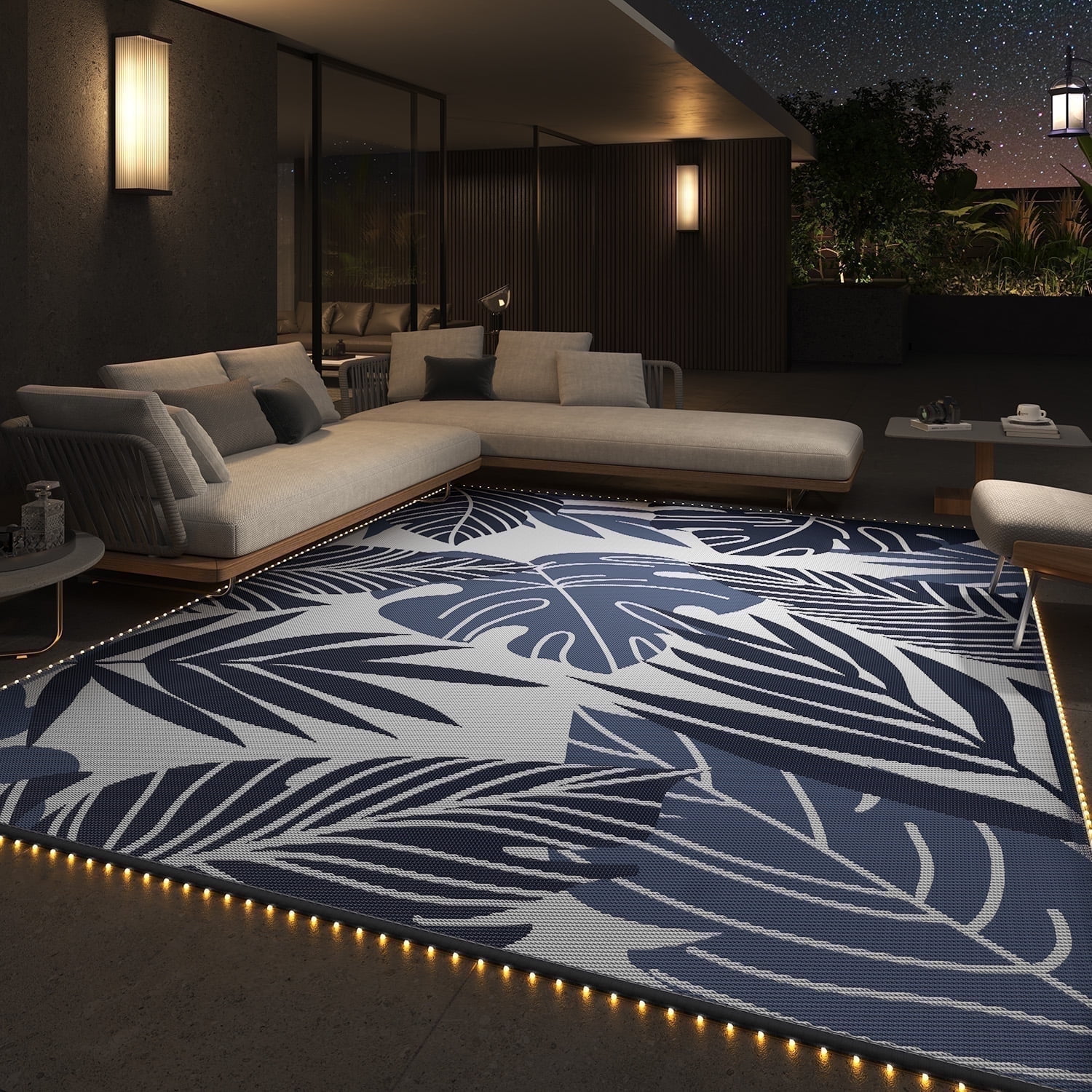 VUNATE Outdoor Rug with LED Strip Lights 8'x10' Waterproof Reversible Patio Rug Plastic Straw Lightweight Indoor Outdoor Rug for RV Camping Deck Balcony Boho Decor Beige and Blue