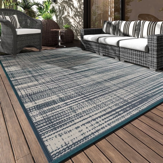 VUNATE Outdoor Rug Carpet 8'x10' Waterproof Reversible Patio Rug Portable Modern Abstract Indoor Outdoor Rug Plastic Straw Rug for RV Camping Garden Picnic Deck Backyard Porch Decor Teal and White