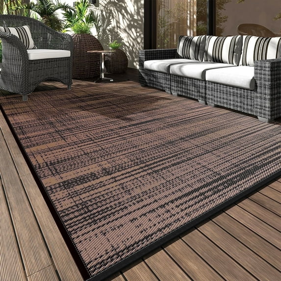 VUNATE Outdoor Rug Carpet 8'x10' Waterproof Reversible Patio Rug Portable Modern Abstract Indoor Outdoor Rug Plastic Straw Rug for RV Camping Garden Picnic Deck Backyard Porch Decor Black and Brown